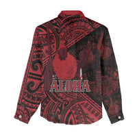 Hawaii King Kamehameha Women Casual Shirt With Hawaiian Ipu Motifs Red Version