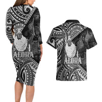 Hawaii King Kamehameha Couples Matching Long Sleeve Bodycon Dress and Hawaiian Shirt With Hawaiian Ipu Motifs Black Version LT05 - Polynesian Pride