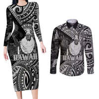 Hawaii King Kamehameha Couples Matching Long Sleeve Bodycon Dress and Long Sleeve Button Shirt With Hawaiian Ipu Motifs Black Version
