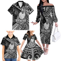 Hawaii King Kamehameha Family Matching Off The Shoulder Long Sleeve Dress and Hawaiian Shirt With Hawaiian Ipu Motifs Black Version LT05 - Polynesian Pride