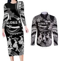 Hawaii Beautiful Hula Dancers Couples Matching Long Sleeve Bodycon Dress and Long Sleeve Button Shirt With Ipu Keke And Pahu Drum
