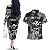 Hawaii Beautiful Hula Dancers Couples Matching Off The Shoulder Long Sleeve Dress and Hawaiian Shirt With Ipu Keke And Pahu Drum