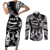 Hawaii Beautiful Hula Dancers Couples Matching Short Sleeve Bodycon Dress and Long Sleeve Button Shirt With Ipu Keke And Pahu Drum