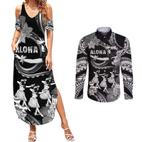 Hawaii Beautiful Hula Dancers Couples Matching Summer Maxi Dress and Long Sleeve Button Shirt With Ipu Keke And Pahu Drum
