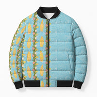 Hawaii Shell Tiare Anthurium Heliconia Lei Bomber Puffer Jacket With Tapa Pattern Baby Blue