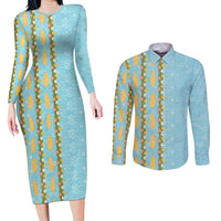 Hawaii Shell Tiare Anthurium Heliconia Lei Couples Matching Long Sleeve Bodycon Dress and Long Sleeve Button Shirt With Tapa Pattern Baby Blue