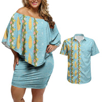 Hawaii Shell Tiare Anthurium Heliconia Lei Couples Matching Off Shoulder Short Dress and Hawaiian Shirt With Tapa Pattern Baby Blue LT05 Blue - Polynesian Pride