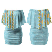 Hawaii Shell Tiare Anthurium Heliconia Lei Couples Matching Off Shoulder Short Dress and Hawaiian Shirt With Tapa Pattern Baby Blue LT05 - Polynesian Pride