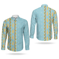 Hawaii Shell Tiare Anthurium Heliconia Lei Couples Matching Off The Shoulder Long Sleeve Dress and Long Sleeve Button Shirt With Tapa Pattern Baby Blue LT05 - Polynesian Pride