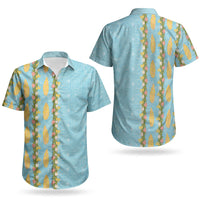 Hawaii Shell Tiare Anthurium Heliconia Lei Couples Matching Puletasi and Hawaiian Shirt With Tapa Pattern Baby Blue LT05 - Polynesian Pride