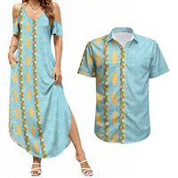 Hawaii Shell Tiare Anthurium Heliconia Lei Couples Matching Summer Maxi Dress and Hawaiian Shirt With Tapa Pattern Baby Blue LT05 Blue - Polynesian Pride