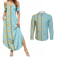 Hawaii Shell Tiare Anthurium Heliconia Lei Couples Matching Summer Maxi Dress and Long Sleeve Button Shirt With Tapa Pattern Baby Blue LT05 Blue - Polynesian Pride