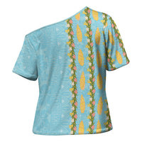 Hawaii Shell Tiare Anthurium Heliconia Lei Cross Shoulder Shirt With Tapa Pattern Baby Blue