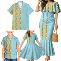 Hawaii Shell Tiare Anthurium Heliconia Lei Family Matching Mermaid Dress and Hawaiian Shirt With Tapa Pattern Baby Blue LT05 - Polynesian Pride