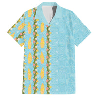 Hawaii Shell Tiare Anthurium Heliconia Lei Family Matching Mermaid Dress and Hawaiian Shirt With Tapa Pattern Baby Blue LT05 Dad's Shirt - Short Sleeve Blue - Polynesian Pride