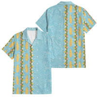 Hawaii Shell Tiare Anthurium Heliconia Lei Family Matching Off The Shoulder Long Sleeve Dress and Hawaiian Shirt With Tapa Pattern Baby Blue LT05 Dad's Shirt - Short Sleeve Blue - Polynesian Pride