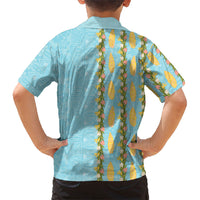 Hawaii Shell Tiare Anthurium Heliconia Lei Family Matching Off Shoulder Maxi Dress and Hawaiian Shirt With Tapa Pattern Baby Blue