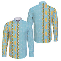 Hawaii Shell Tiare Anthurium Heliconia Lei Family Matching Off Shoulder Short Dress and Hawaiian Shirt With Tapa Pattern Baby Blue LT05 Dad's Shirt - Long Sleeve Blue - Polynesian Pride