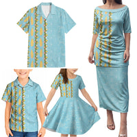 Hawaii Shell Tiare Anthurium Heliconia Lei Family Matching Puletasi and Hawaiian Shirt With Tapa Pattern Baby Blue LT05 - Polynesian Pride