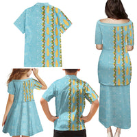 Hawaii Shell Tiare Anthurium Heliconia Lei Family Matching Puletasi and Hawaiian Shirt With Tapa Pattern Baby Blue LT05 Mom's Dress Blue - Polynesian Pride