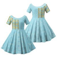 Hawaii Shell Tiare Anthurium Heliconia Lei Family Matching Puletasi and Hawaiian Shirt With Tapa Pattern Baby Blue LT05 Daughter's Dress Blue - Polynesian Pride