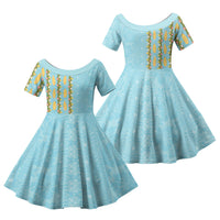 Hawaii Shell Tiare Anthurium Heliconia Lei Family Matching Short Sleeve Bodycon Dress and Hawaiian Shirt With Tapa Pattern Baby Blue LT05 Daughter's Dress Blue - Polynesian Pride