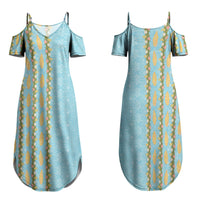Hawaii Shell Tiare Anthurium Heliconia Lei Family Matching Summer Maxi Dress and Hawaiian Shirt With Tapa Pattern Baby Blue LT05 Mom's Dress Blue - Polynesian Pride
