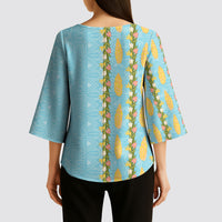 Hawaii Shell Tiare Anthurium Heliconia Lei Kimono Sleeve Blouse With Tapa Pattern Baby Blue