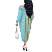 Hawaii Shell Tiare Anthurium Heliconia Lei Off The Shoulder Long Sleeve Dress With Tapa Pattern Baby Blue LT05 - Polynesian Pride
