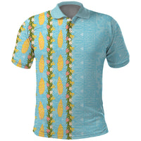 Hawaii Shell Tiare Anthurium Heliconia Lei Polo Shirt With Tapa Pattern Baby Blue LT05 Blue - Polynesian Pride