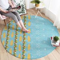Hawaii Shell Tiare Anthurium Heliconia Lei Round Carpet With Tapa Pattern Baby Blue