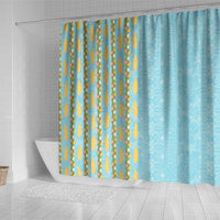 Hawaii Shell Tiare Anthurium Heliconia Lei Shower Curtain With Tapa Pattern Baby Blue