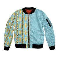 Hawaii Shell Tiare Anthurium Heliconia Lei Sleeve Zip Bomber Jacket With Tapa Pattern Baby Blue