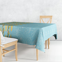 Hawaii Shell Tiare Anthurium Heliconia Lei Tablecloth With Tapa Pattern Baby Blue