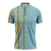 Hawaii Shell Tiare Anthurium Heliconia Lei Zipper Polo Shirt With Tapa Pattern Baby Blue LT05 Blue - Polynesian Pride