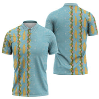 Hawaii Shell Tiare Anthurium Heliconia Lei Zipper Polo Shirt With Tapa Pattern Baby Blue