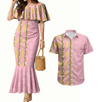 Hawaii Shell Tiare Anthurium Heliconia Lei Couples Matching Mermaid Dress and Hawaiian Shirt With Tapa Pattern Baby Pink LT05 Pink - Polynesian Pride