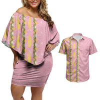 Hawaii Shell Tiare Anthurium Heliconia Lei Couples Matching Off Shoulder Short Dress and Hawaiian Shirt With Tapa Pattern Baby Pink LT05 Pink - Polynesian Pride