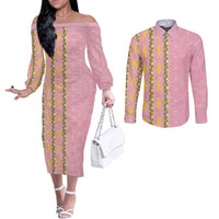 Hawaii Shell Tiare Anthurium Heliconia Lei Couples Matching Off The Shoulder Long Sleeve Dress and Long Sleeve Button Shirt With Tapa Pattern Baby Pink LT05 Pink - Polynesian Pride