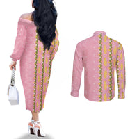 Hawaii Shell Tiare Anthurium Heliconia Lei Couples Matching Off The Shoulder Long Sleeve Dress and Long Sleeve Button Shirt With Tapa Pattern Baby Pink LT05 - Polynesian Pride