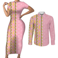 Hawaii Shell Tiare Anthurium Heliconia Lei Couples Matching Short Sleeve Bodycon Dress and Long Sleeve Button Shirt With Tapa Pattern Baby Pink LT05 Pink - Polynesian Pride