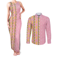 Hawaii Shell Tiare Anthurium Heliconia Lei Couples Matching Tank Maxi Dress and Long Sleeve Button Shirt With Tapa Pattern Baby Pink