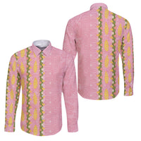 Hawaii Shell Tiare Anthurium Heliconia Lei Family Matching Long Sleeve Bodycon Dress and Hawaiian Shirt With Tapa Pattern Baby Pink LT05 Dad's Shirt - Long Sleeve Pink - Polynesian Pride