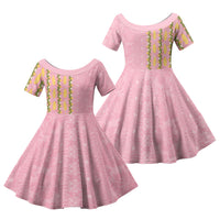 Hawaii Shell Tiare Anthurium Heliconia Lei Family Matching Long Sleeve Bodycon Dress and Hawaiian Shirt With Tapa Pattern Baby Pink LT05 Daughter's Dress Pink - Polynesian Pride