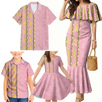 Hawaii Shell Tiare Anthurium Heliconia Lei Family Matching Mermaid Dress and Hawaiian Shirt With Tapa Pattern Baby Pink LT05 - Polynesian Pride