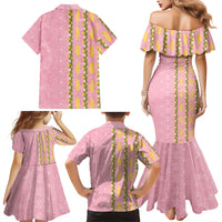 Hawaii Shell Tiare Anthurium Heliconia Lei Family Matching Mermaid Dress and Hawaiian Shirt With Tapa Pattern Baby Pink LT05 Mom's Dress Pink - Polynesian Pride