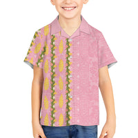 Hawaii Shell Tiare Anthurium Heliconia Lei Family Matching Mermaid Dress and Hawaiian Shirt With Tapa Pattern Baby Pink