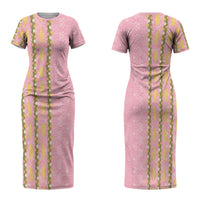 Hawaii Shell Tiare Anthurium Heliconia Lei Family Matching Short Sleeve Bodycon Dress and Hawaiian Shirt With Tapa Pattern Baby Pink LT05 Mom's Dress Pink - Polynesian Pride