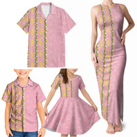 Hawaii Shell Tiare Anthurium Heliconia Lei Family Matching Tank Maxi Dress and Hawaiian Shirt With Tapa Pattern Baby Pink LT05 - Polynesian Pride