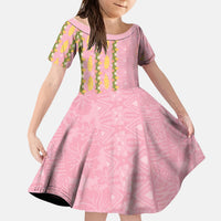 Hawaii Shell Tiare Anthurium Heliconia Lei Kid Short Sleeve Dress With Tapa Pattern Baby Pink LT05 KID Pink - Polynesian Pride